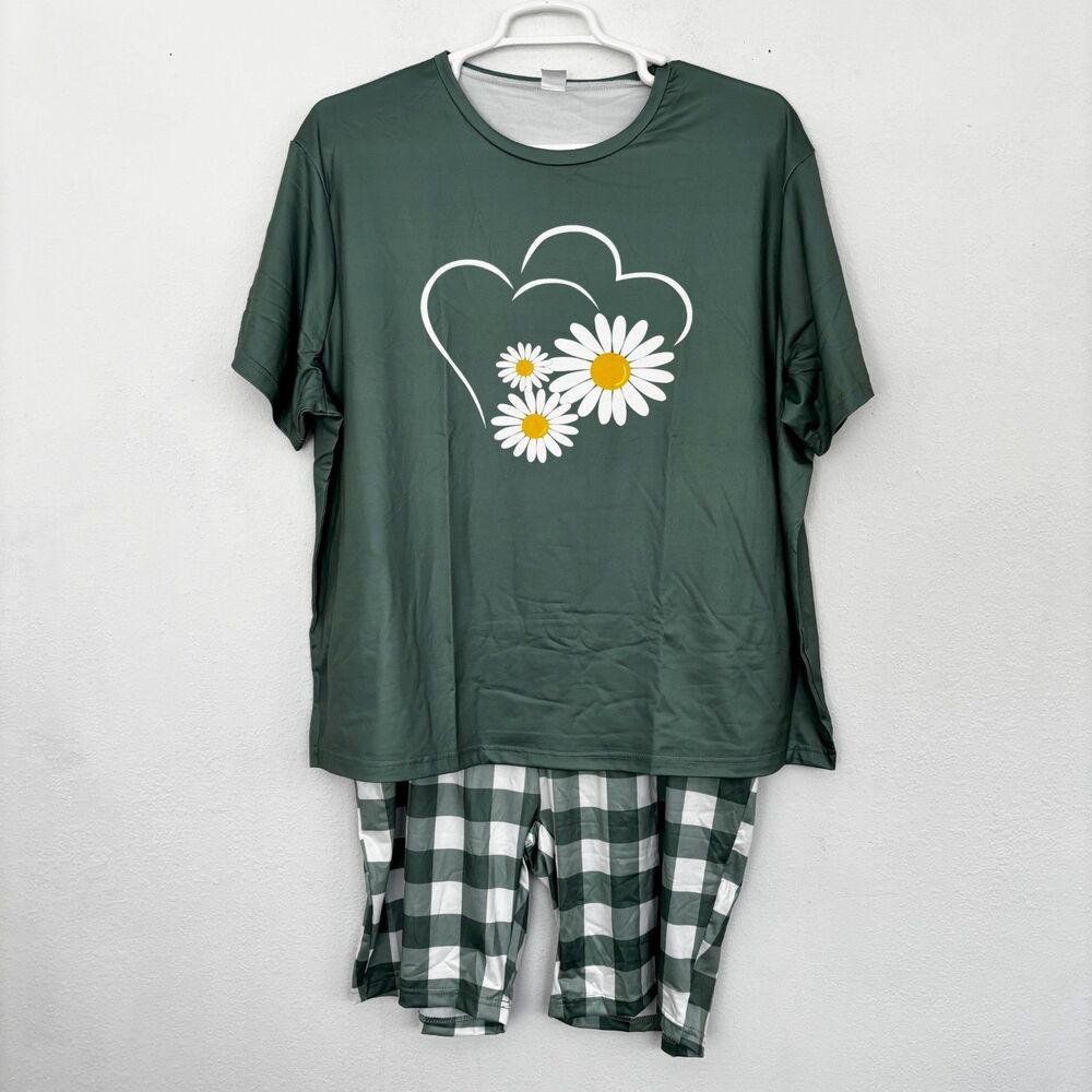 Womens Two Piece Cottage Pajama Set 5X Green Floral Plus Size Daisy NWOT